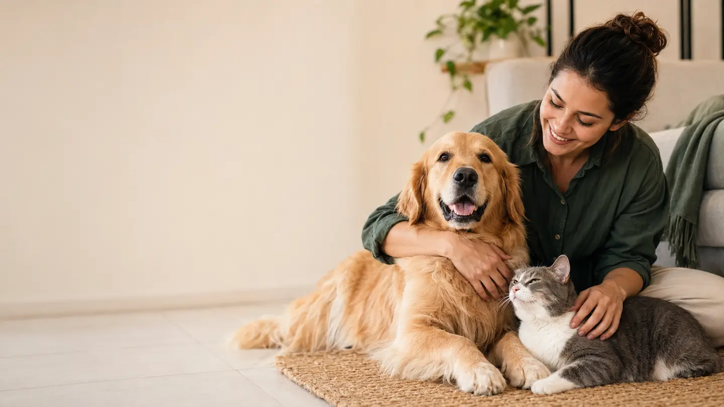 Tutora sentada em casa ao lado de um cão golden retriever e um gato