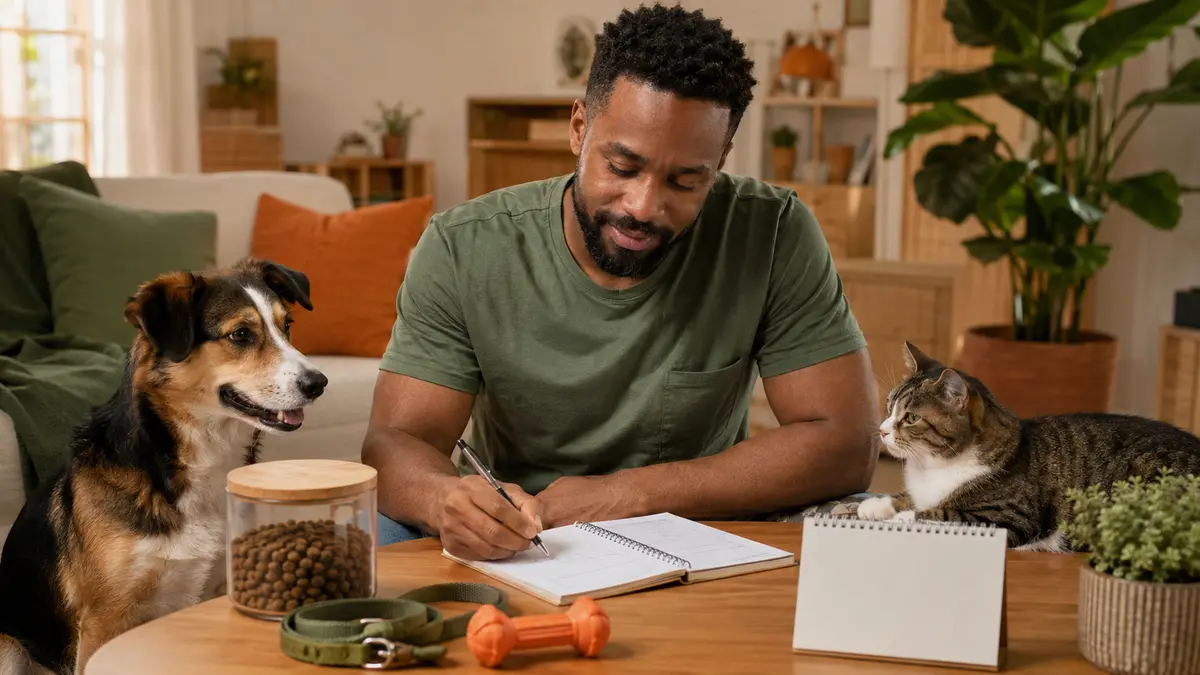 Tutor organizando a rotina de gastos com cão e gato
