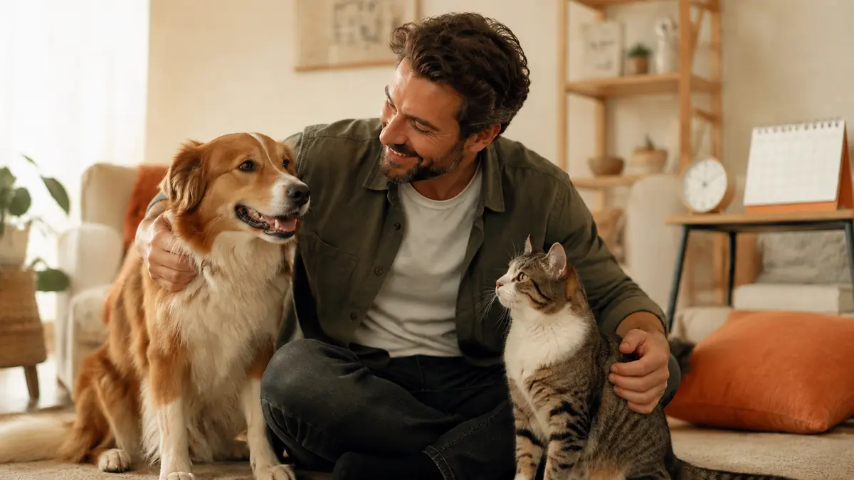 Tutor com cão e gato em casa, com relógio e calendário ao fundo
