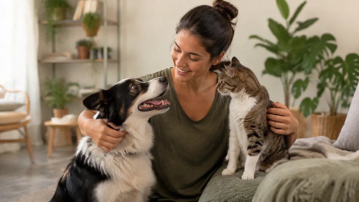 Tutora interagindo com cão e gato em casa