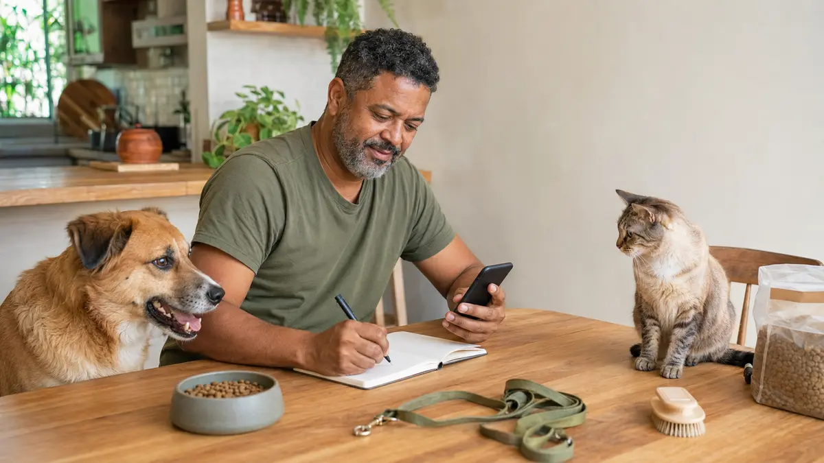 Tutor organizando a rotina de gastos de um cachorro e um gato em casa